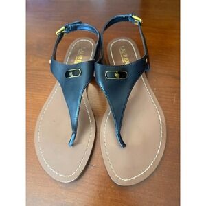 Lauren Ralph Lauren sandals flat 10B black leather thong logo‎ plate Patsi